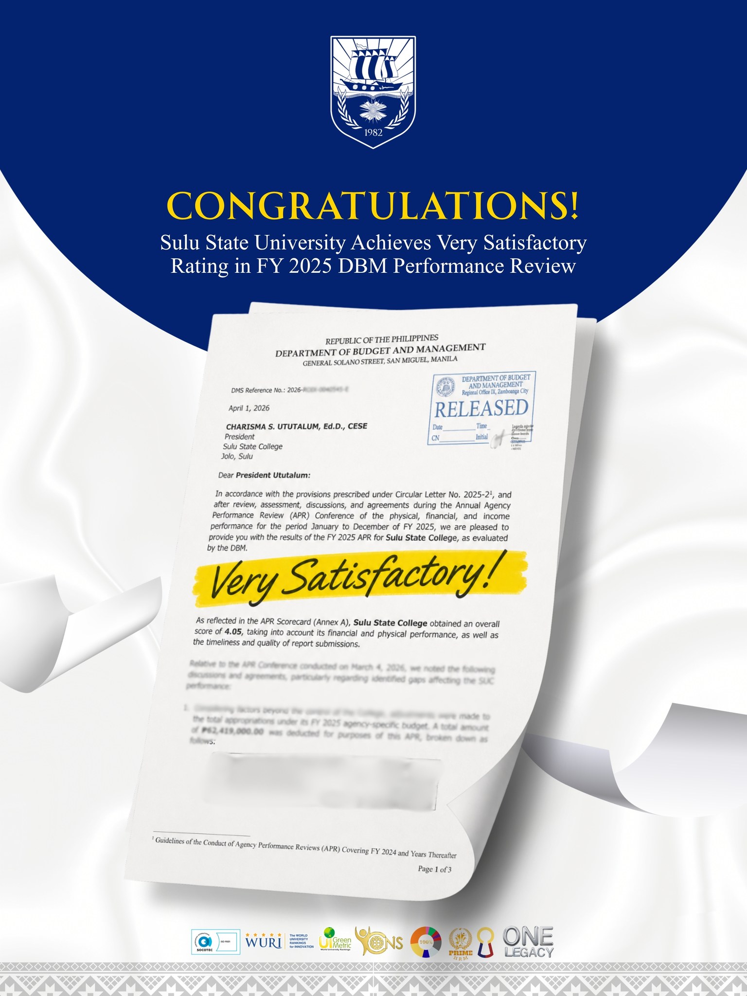 Sulu State University Achieves Very Satisfactory Rating in FY 2025 DBM Performance Review